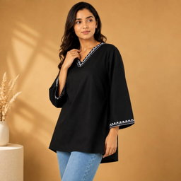 Women’s Black V-Neck Embroidered Tunic Top | 3/4 Sleeve Casual Kurti