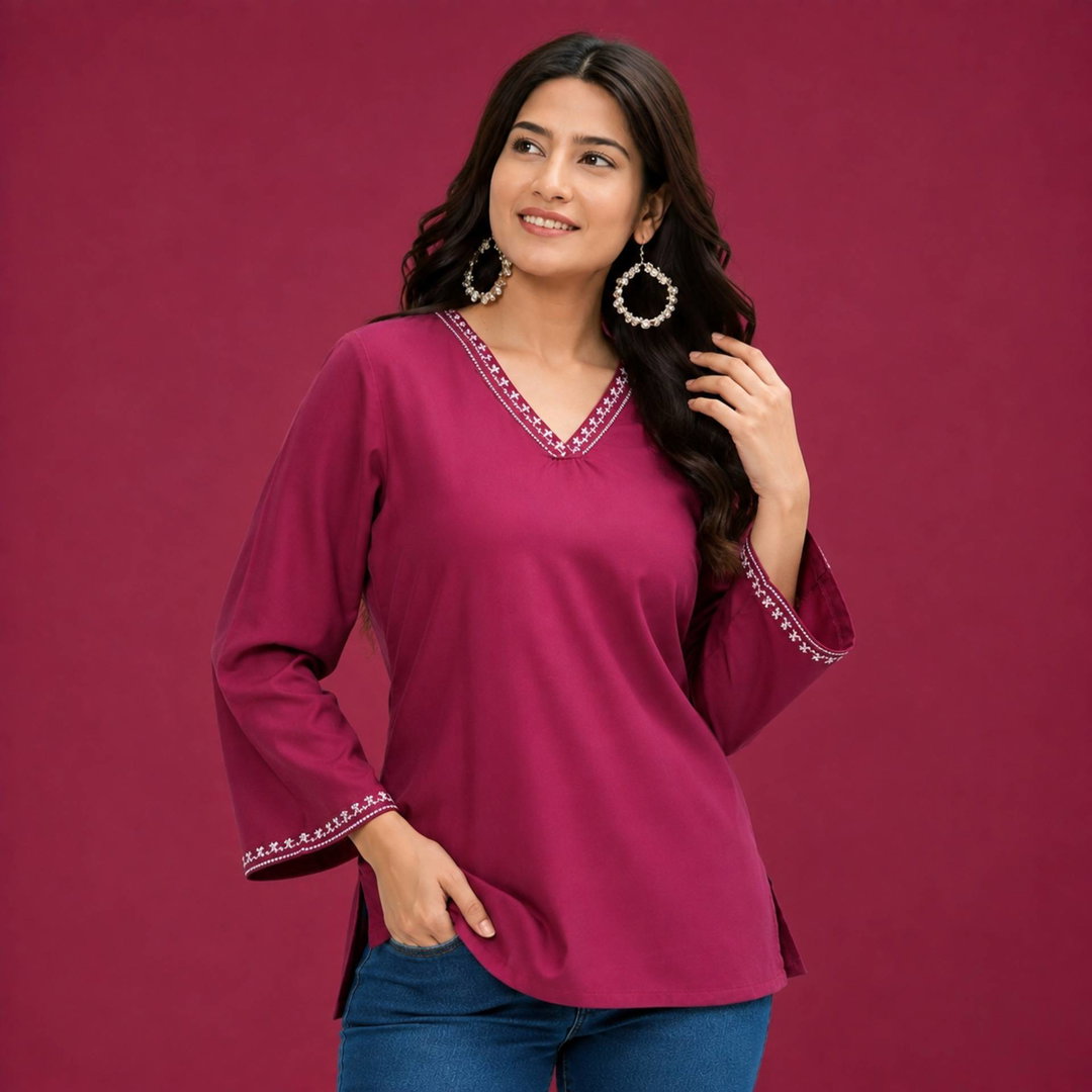 Women’s Maroon V-Neck Embroidered Tunic Top | 3/4 Sleeve Casual Kurti