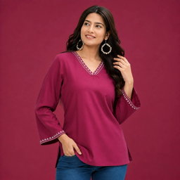 Women’s Maroon V-Neck Embroidered Tunic Top | 3/4 Sleeve Casual Kurti