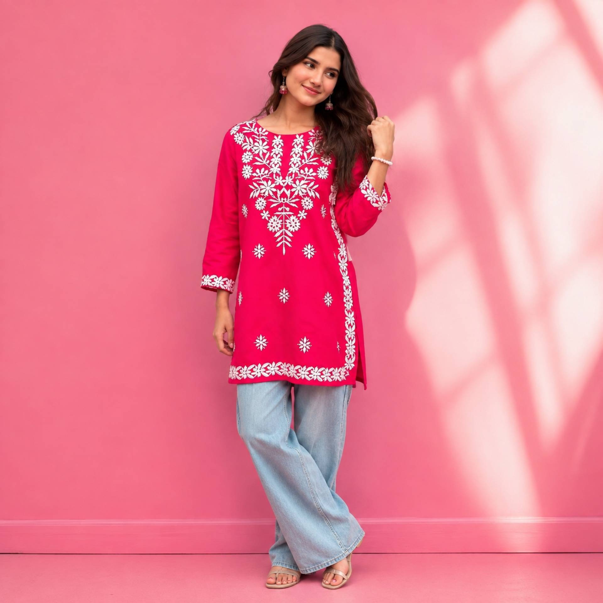 Women’s Pink Embroidered Straight Kurti – White Floral Threadwork_0
