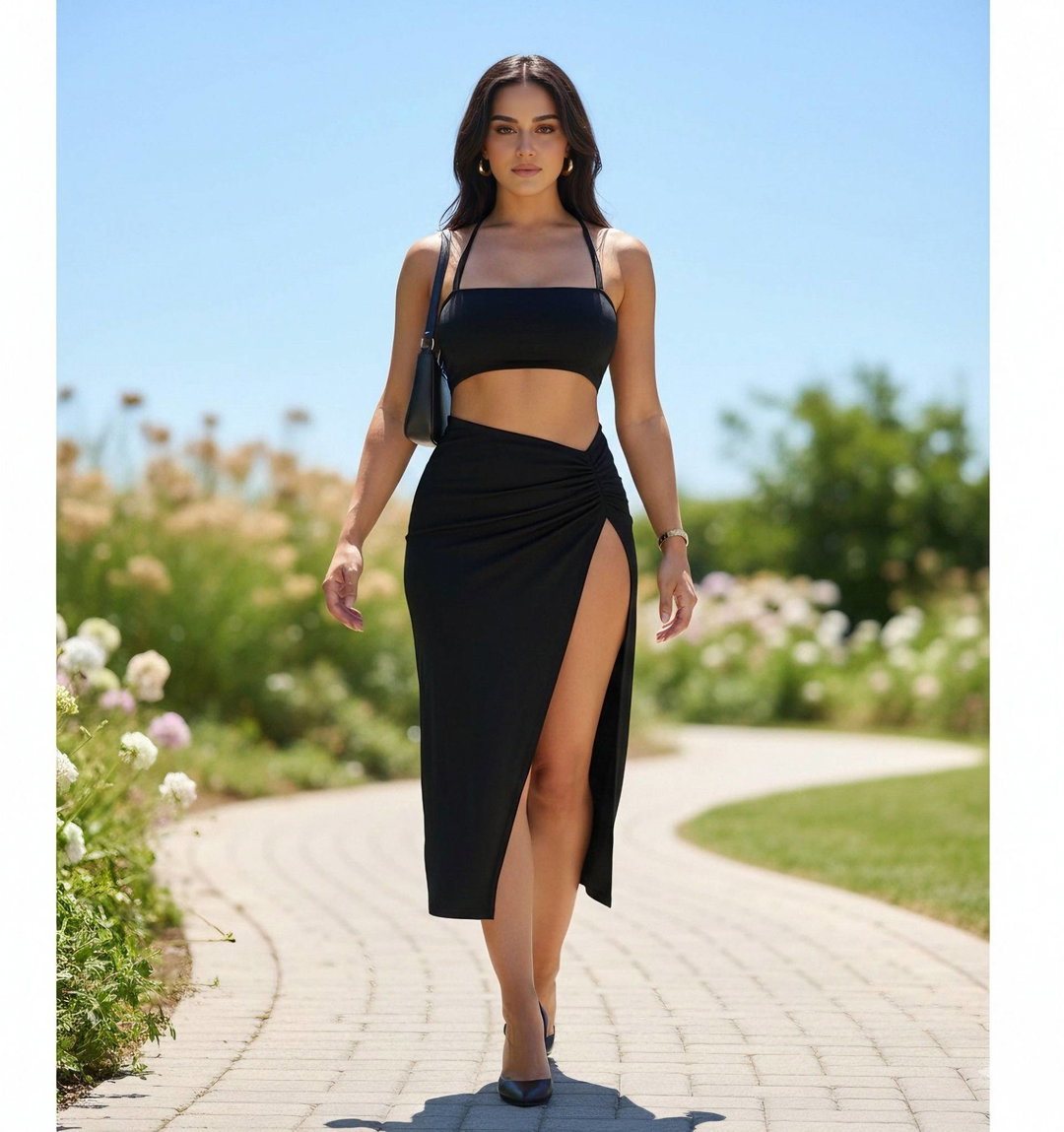 Black Ruched High-Slit Skirt Co-Ord Set