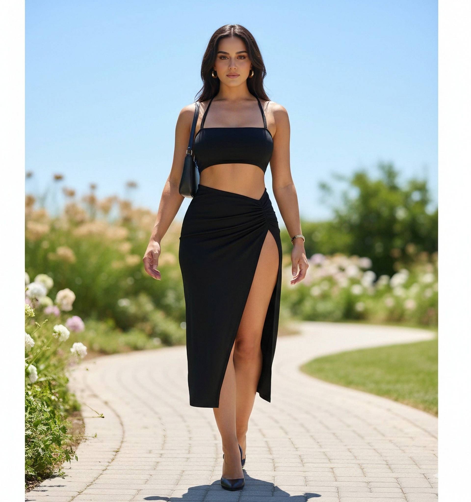 Black Ruched High-Slit Skirt Co-Ord Set_0