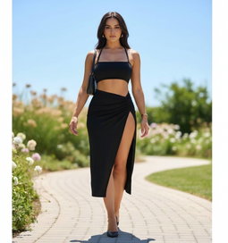 Black Ruched High-Slit Skirt Co-Ord Set