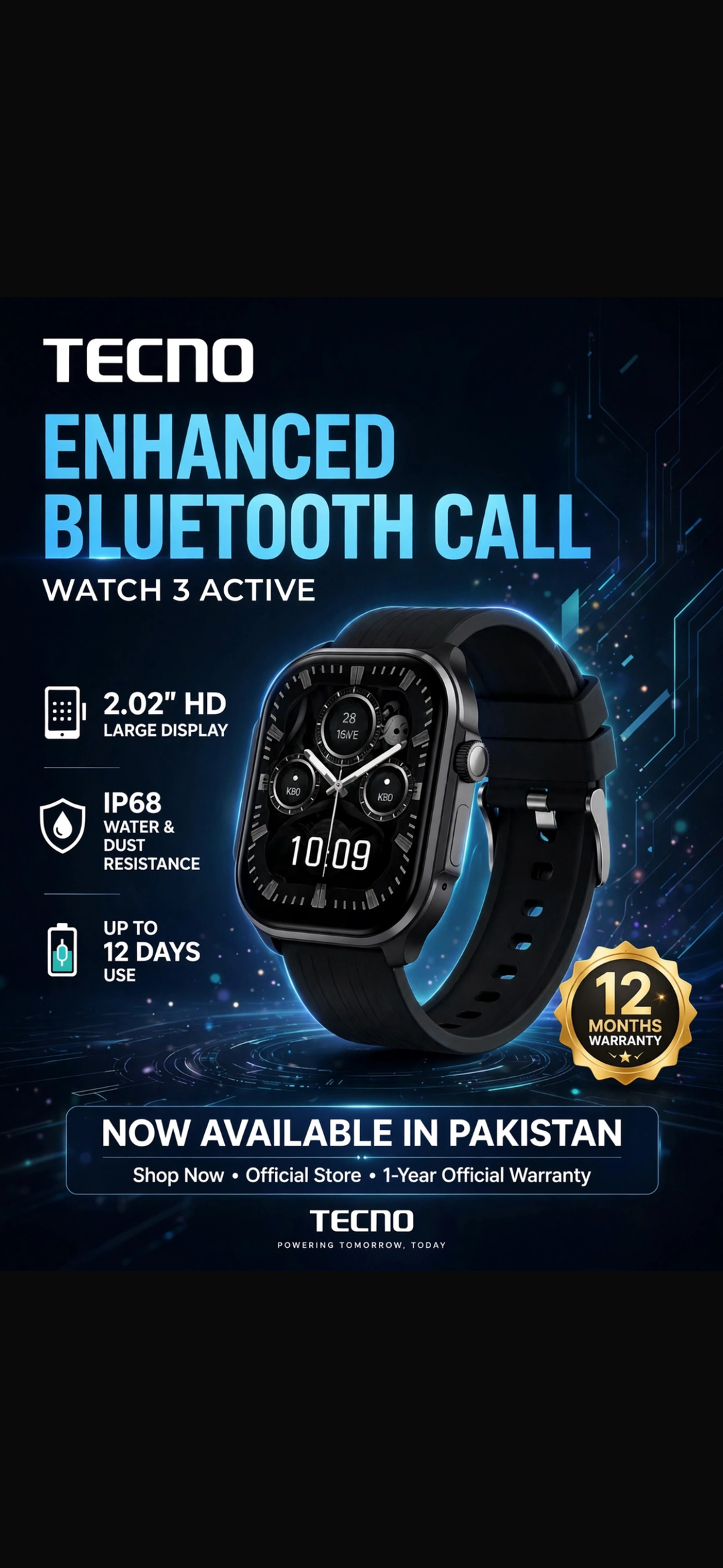Tecno Watch 3 Active - 2.02 Inches Display - Android iOS - Enhanced Bluetooth Calls - 350mAh Battery