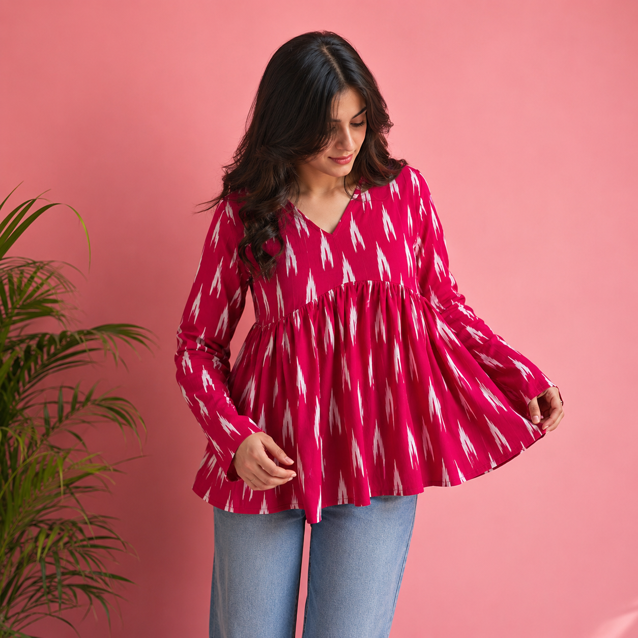 Women's Pink Ikat Print V-Neck Peplum Top | Long Sleeve Casual Flared Tunic_6