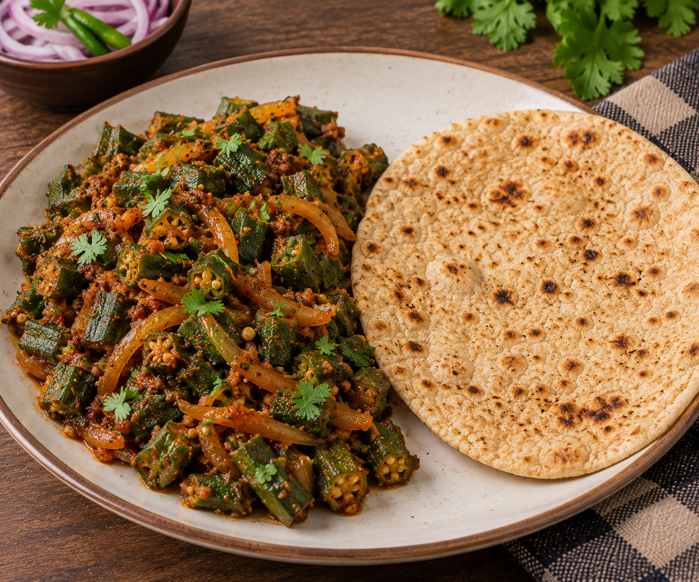 Masala Bhindi Pyaz One Roti