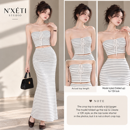 N'XETI Studio Gaun Panjang Tanpa Bahu Corak Jalur Hitam Putih untuk Acara Elegan Suits