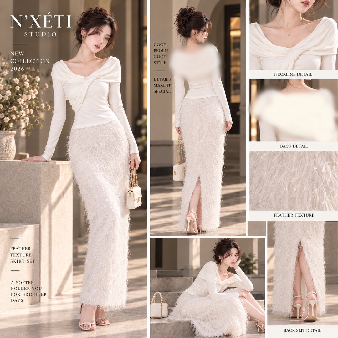 N'XÉTI Studio Setelan Rok Tekstur Bulu Warna Ivory Cream dengan Siluet Sculptural dan Kain Soft Stretch untuk Koleksi Spring Summer 