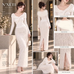 N'XÉTI Studio Setelan Rok Tekstur Bulu Warna Ivory Cream dengan Siluet Sculptural dan Kain Soft Stretch untuk Koleksi Spring Summer 