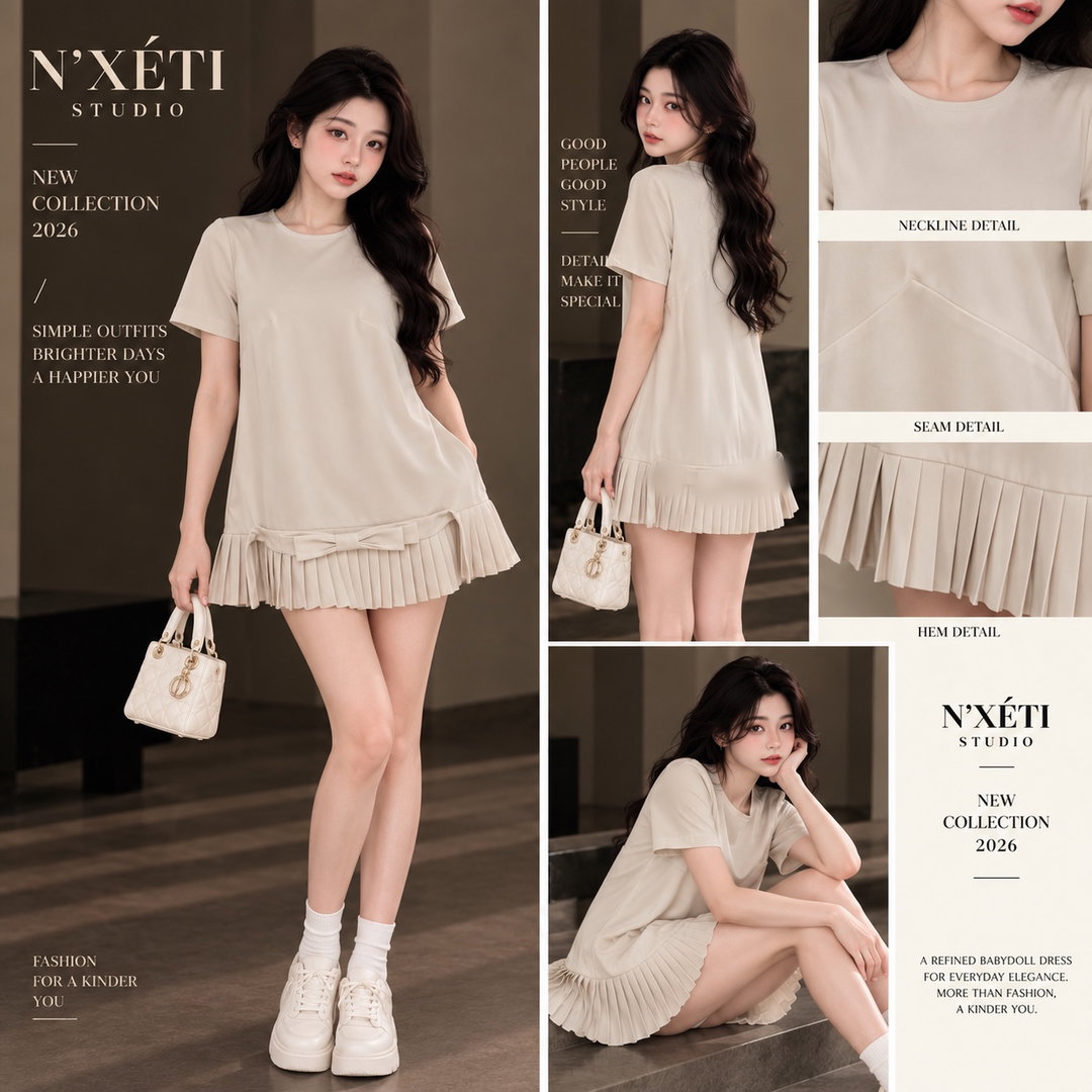 N'XÉTI Studio Soft Beige Bow Pleated Mini Dress dengan Rancangan Leher Bersih & Tanpa Waktu dan Rincian Pita Manis untuk Kegemaran Harian 