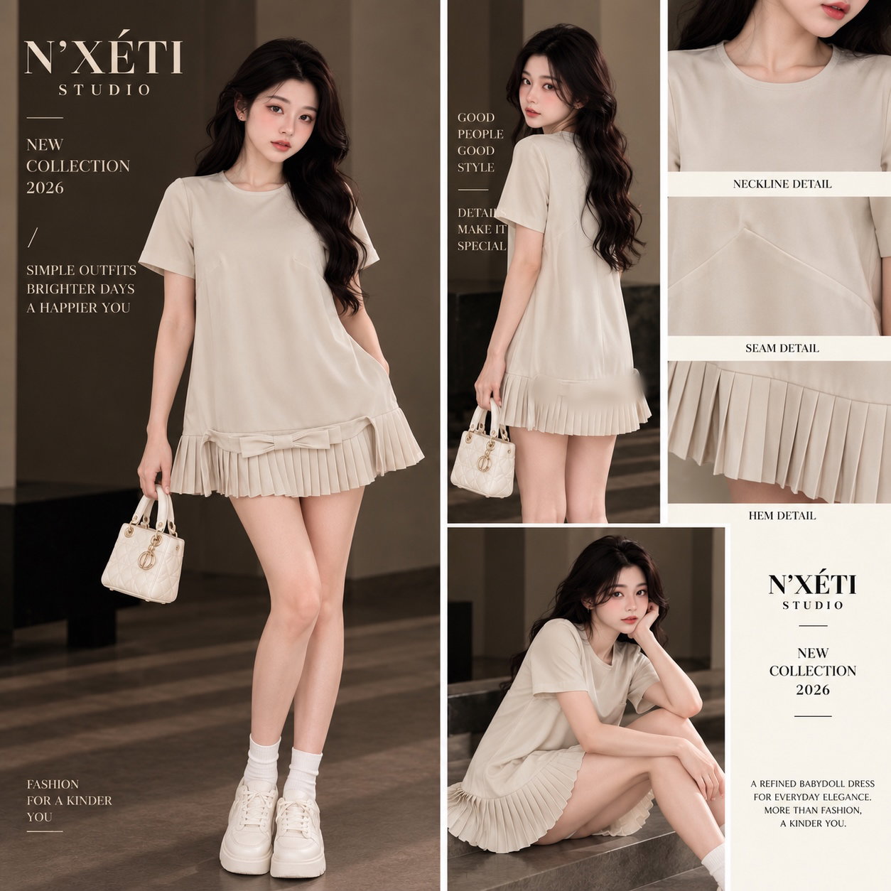 N'XÉTI Studio Soft Beige Bow Pleated Mini Dress dengan Rancangan Leher Bersih & Tanpa Waktu dan Rincian Pita Manis untuk Kegemaran Harian _0