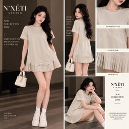 N'XÉTI Studio Soft Beige Bow Pleated Mini Dress dengan Rancangan Leher Bersih & Tanpa Waktu dan Rincian Pita Manis untuk Kegemaran Harian 