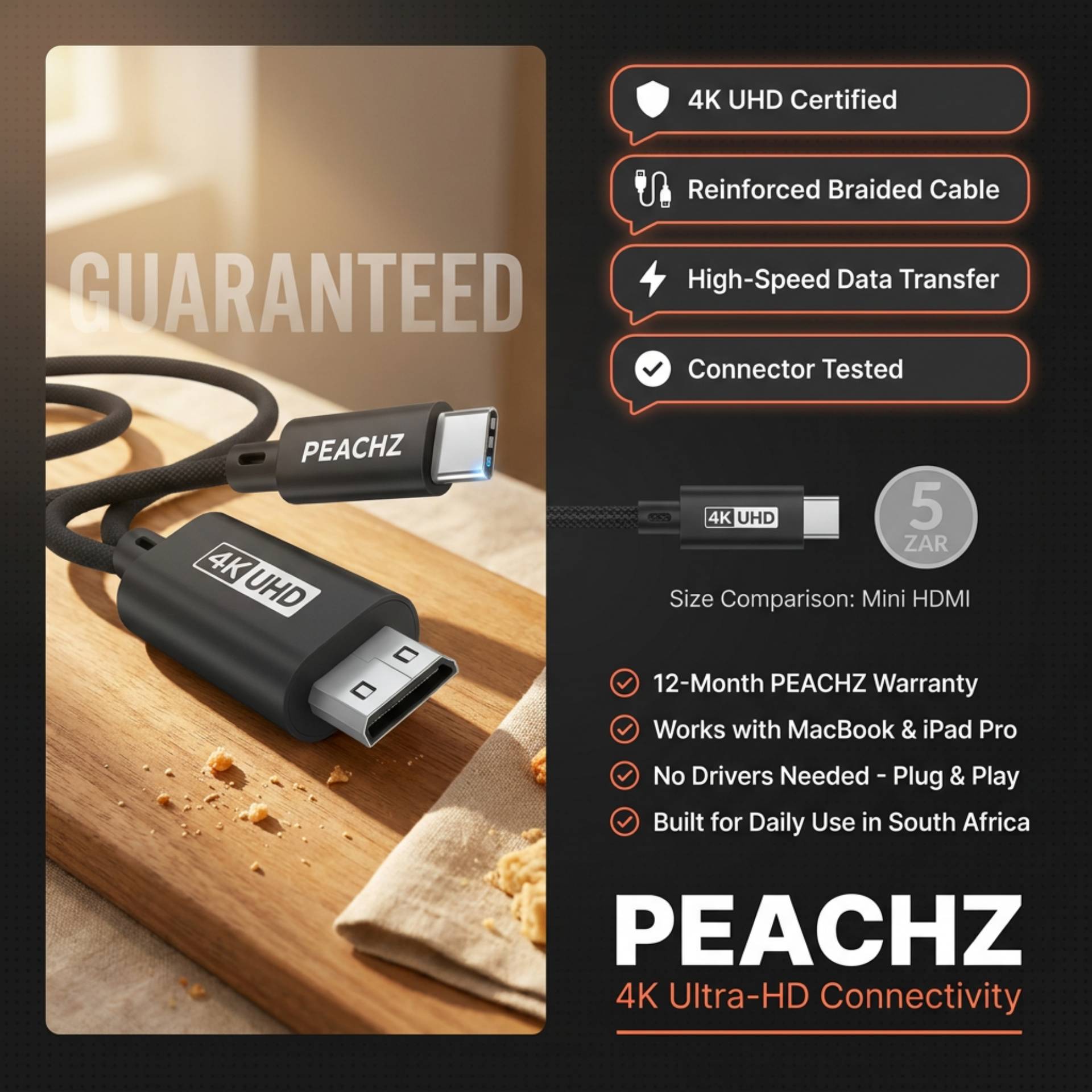 Peachz USB-C to Mini HDMI Cable - 4K Display for MacBook, Steam Deck & More