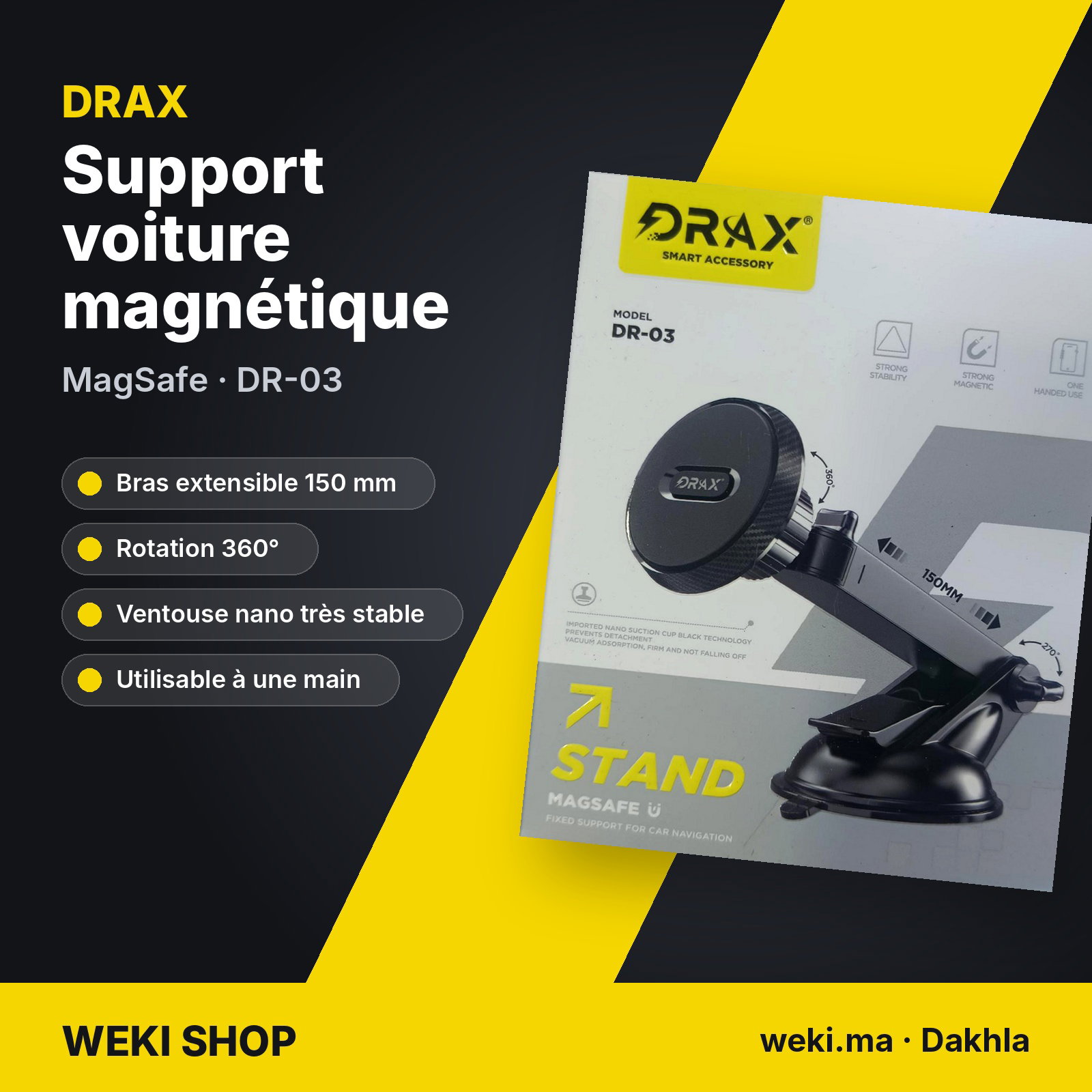 Support voiture magnétique DRAX DR-03 MagSafe – Bras extensible 150 mm