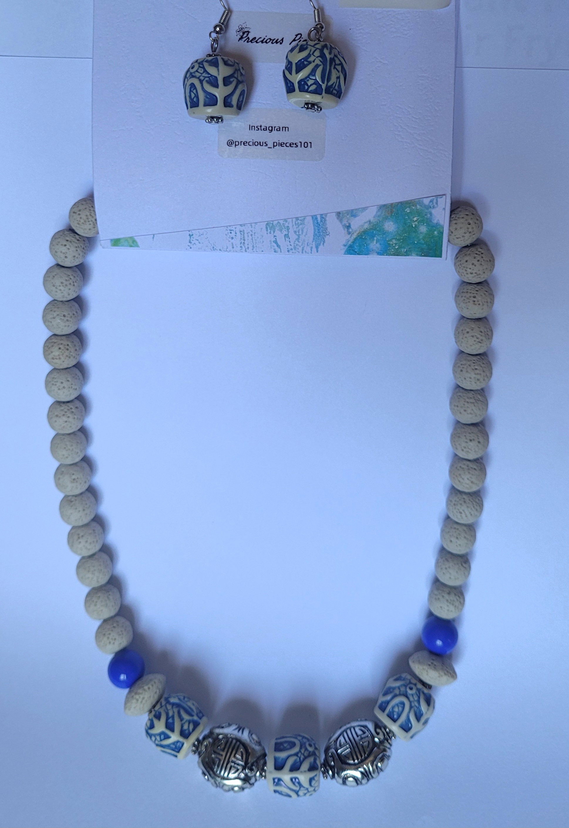 Cream and blue coastal necklace set