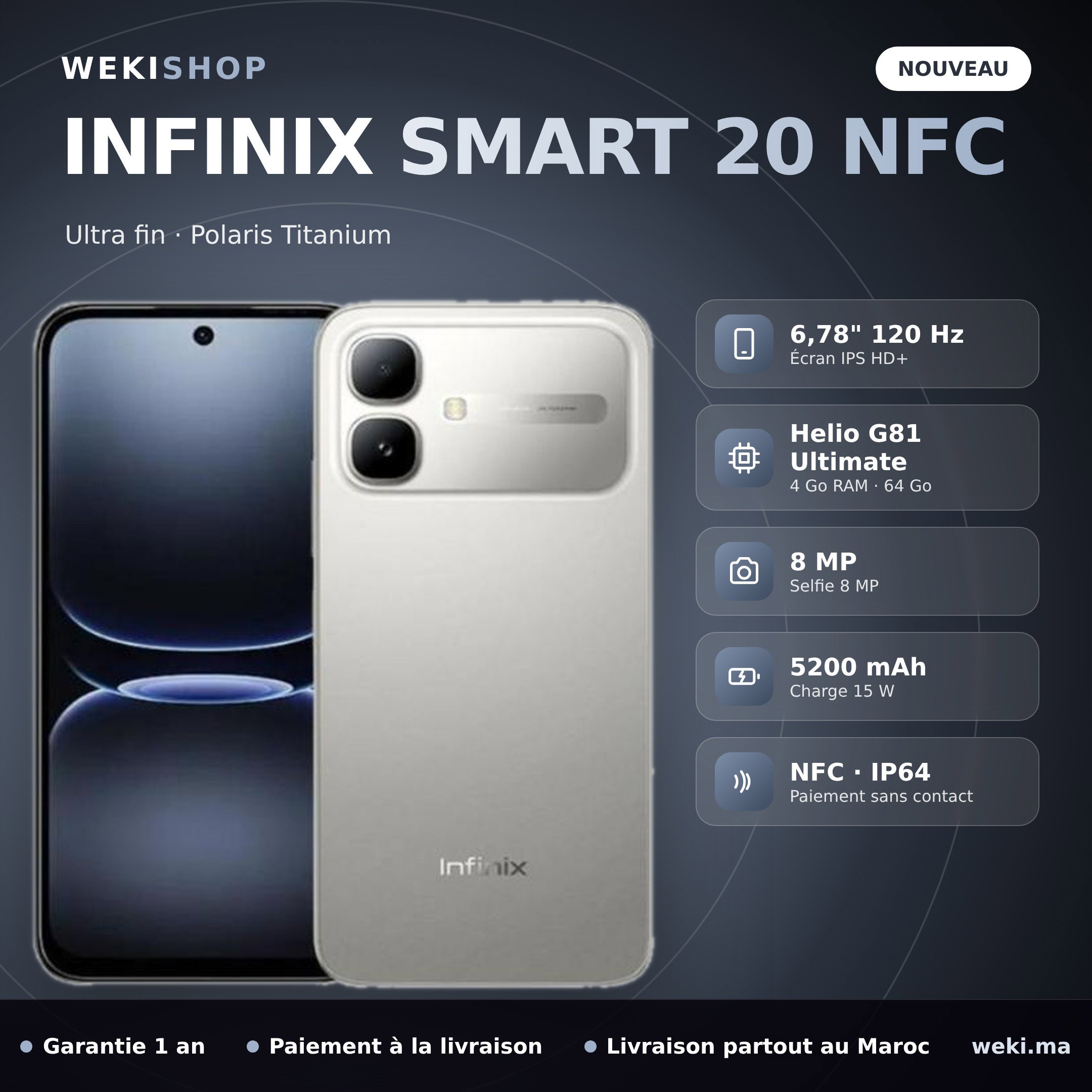Infinix Smart 20 NFC – 64 Go / 4 Go RAM – Polaris Titanium