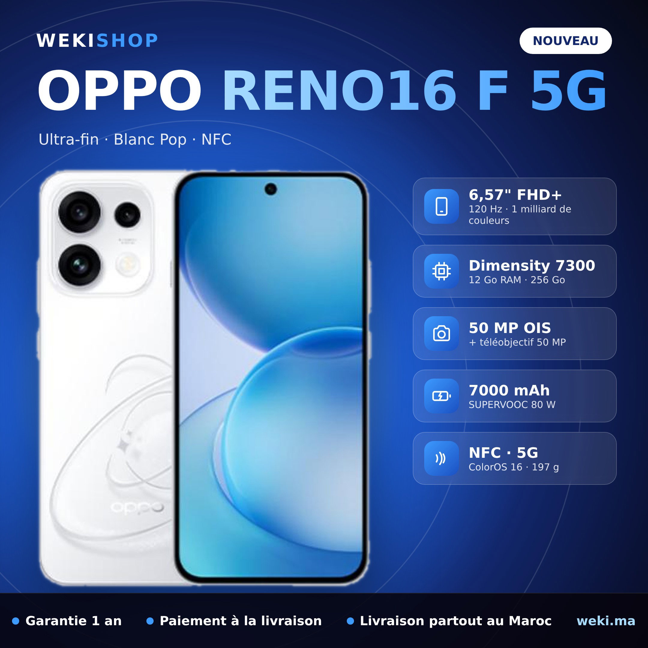 OPPO Reno16 F 5G 12 Go / 256 Go - Blanc Pop