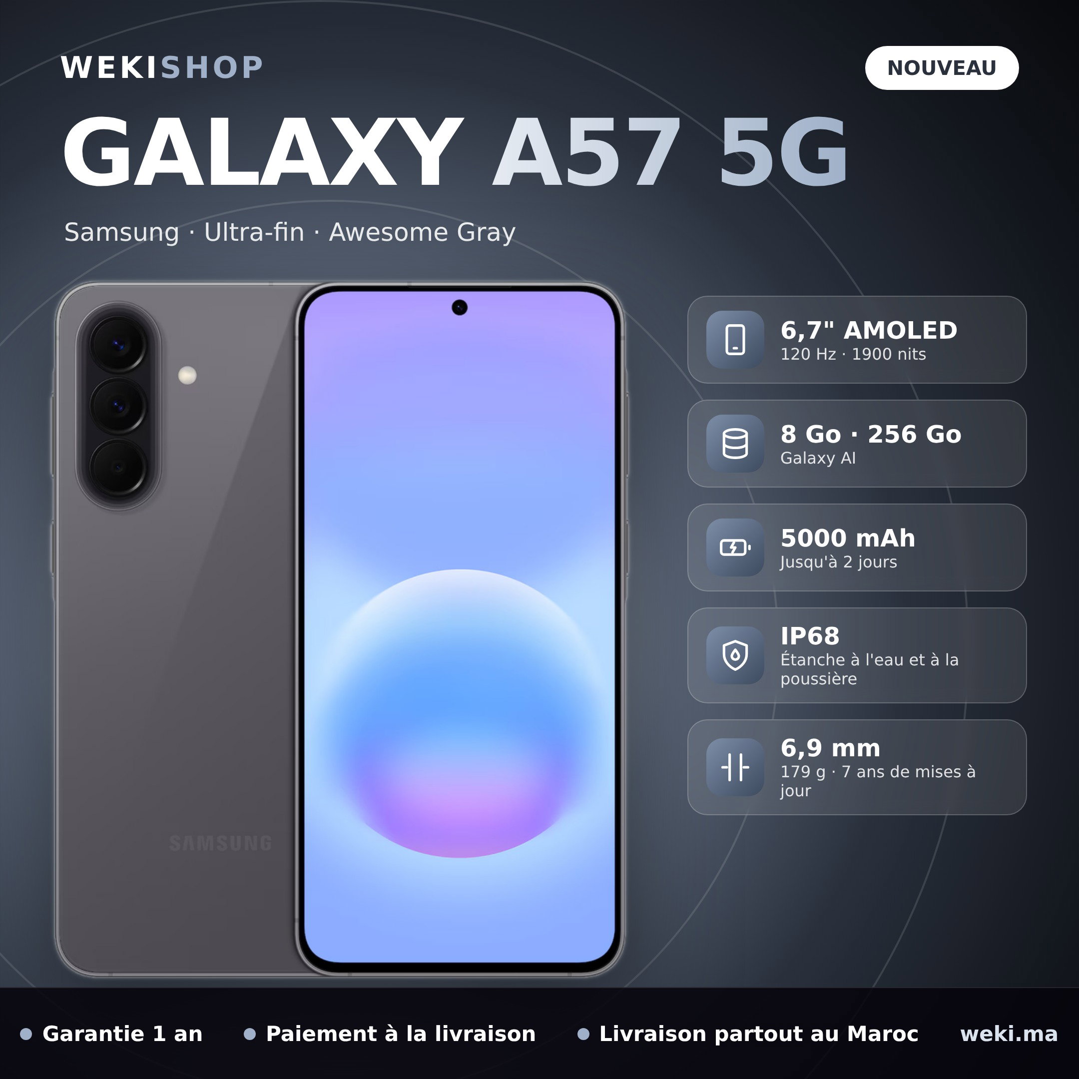 Samsung Galaxy A57 5G – 256 Go / 8 Go RAM – Awesome Gray