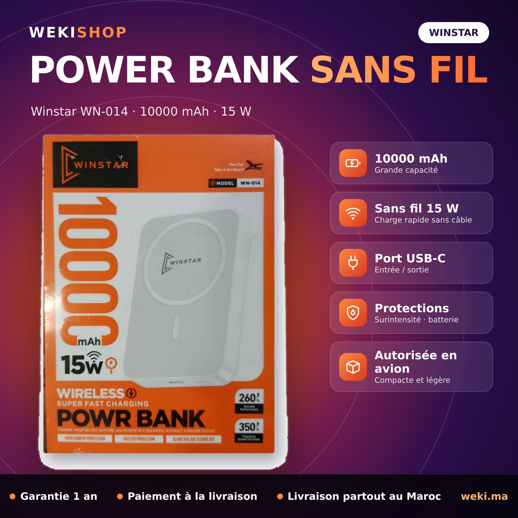Power Bank Sans Fil Winstar 10000mAh 15W WN-014