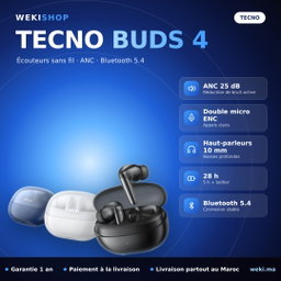 Écouteurs TECNO Buds 4 – ANC, Bluetooth 5.4