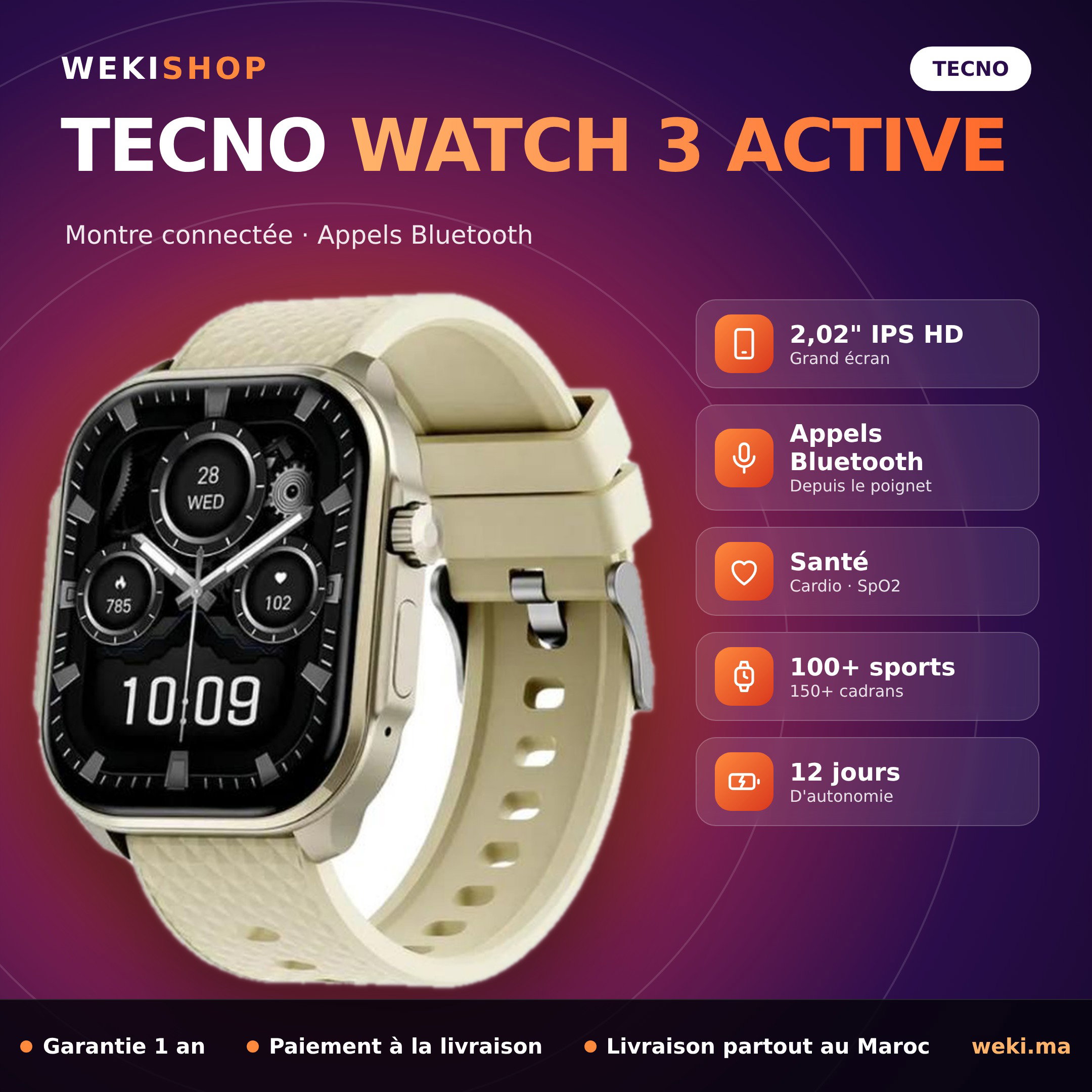 Montre connectée TECNO Watch 3 Active – Écran 2,02", appels Bluetooth