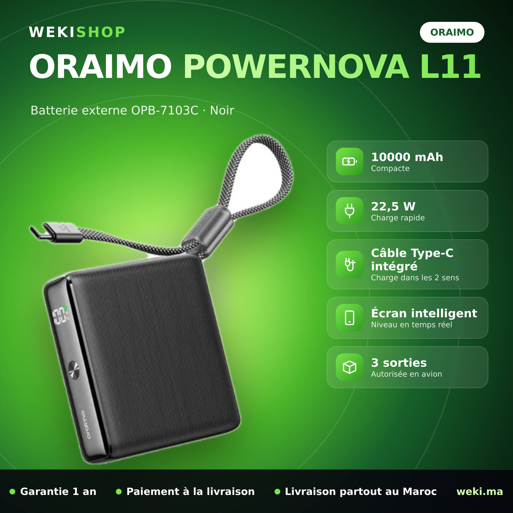Batterie externe Oraimo PowerNova L11 OPB-7103C – 10000 mAh, 22,5 W