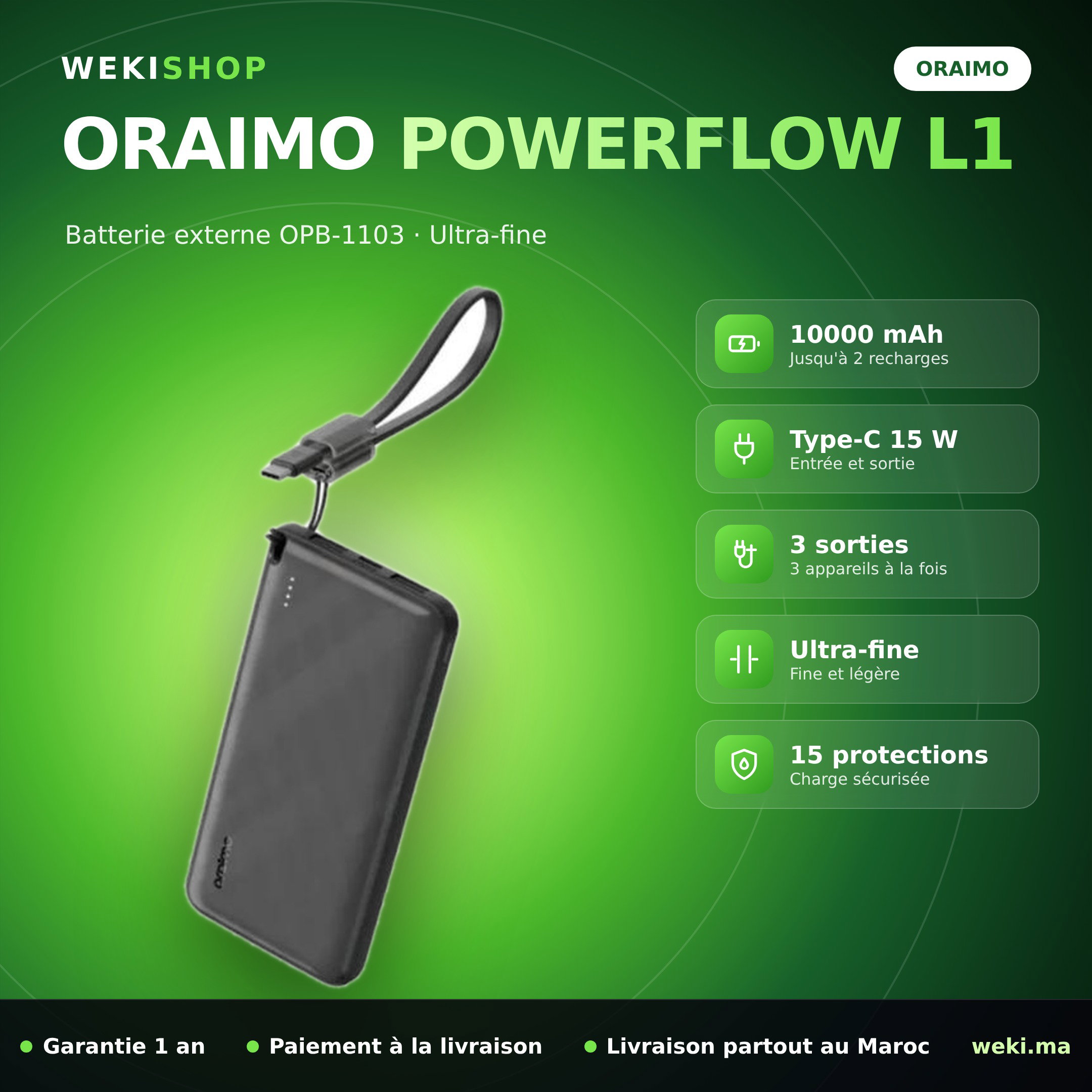 Batterie externe Oraimo PowerFlow L1 OPB-1103 – 10000 mAh, 15 W