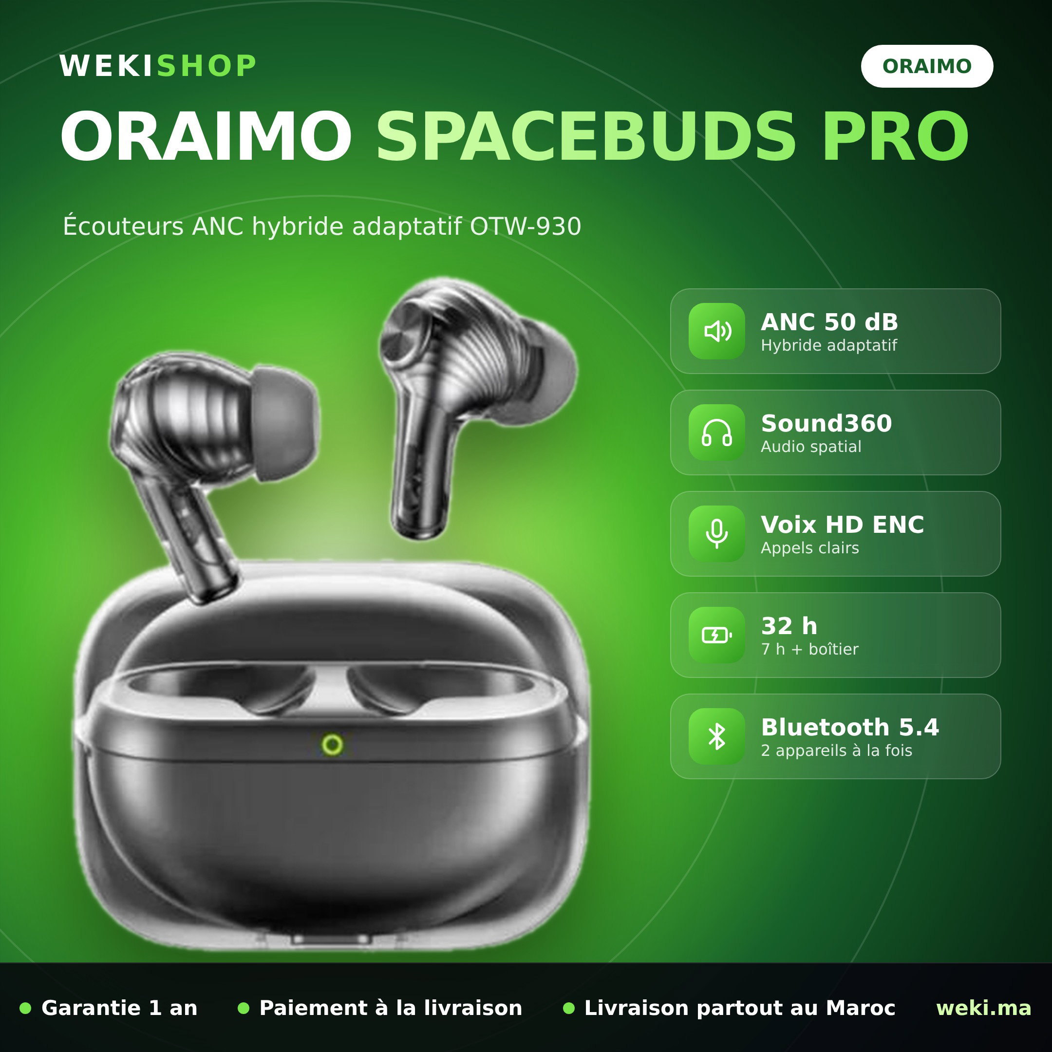 Oraimo SpaceBuds Pro OTW-930 – Écouteurs ANC hybride adaptatif 50 dB