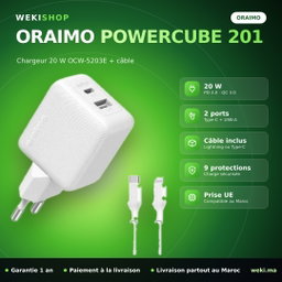 Chargeur Oraimo PowerCube 201 OCW-5203E – 20 W, USB-A + Type-C, avec câble