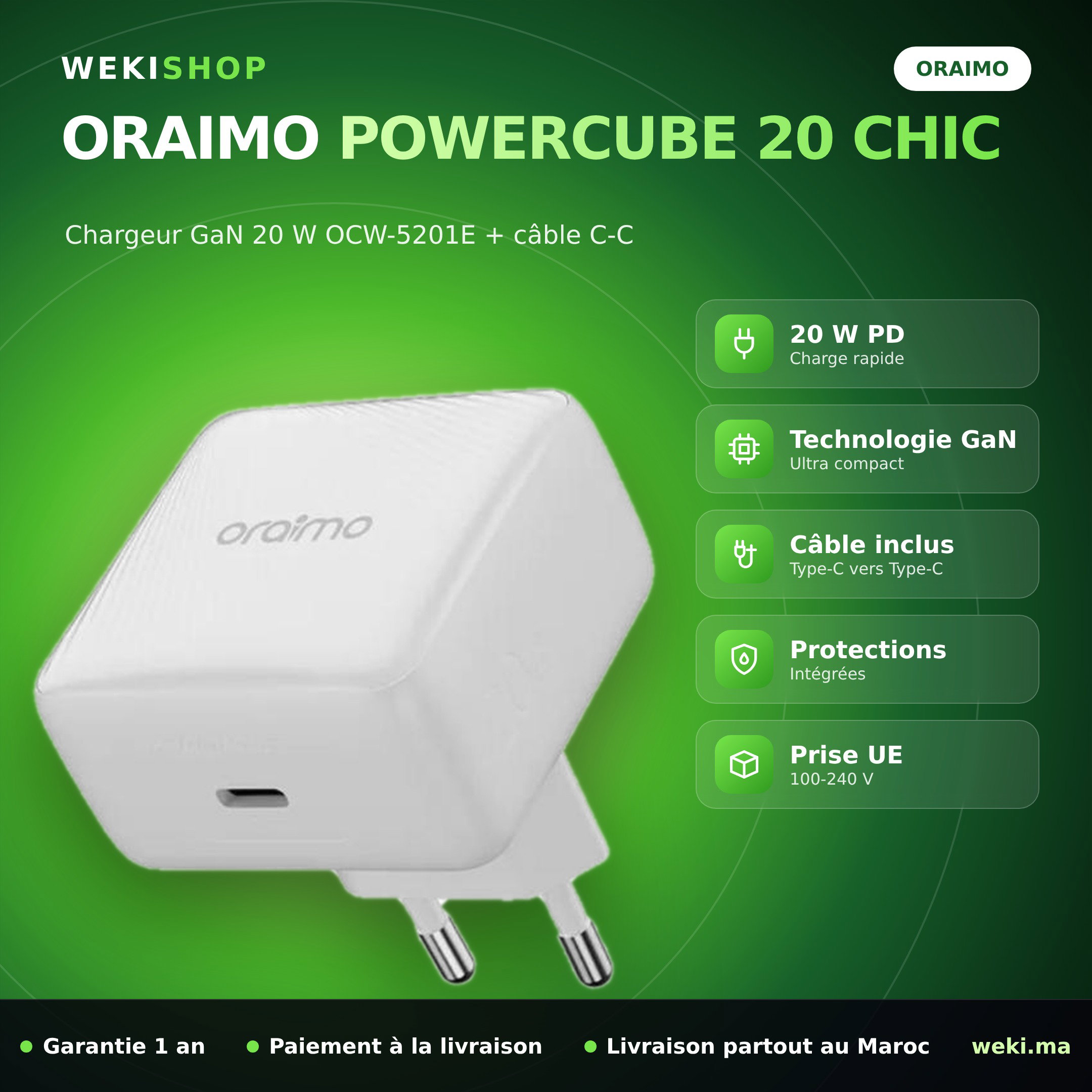 Chargeur Oraimo PowerCube 20 Chic OCW-5201E – 20 W GaN + câble Type-C vers Type-C