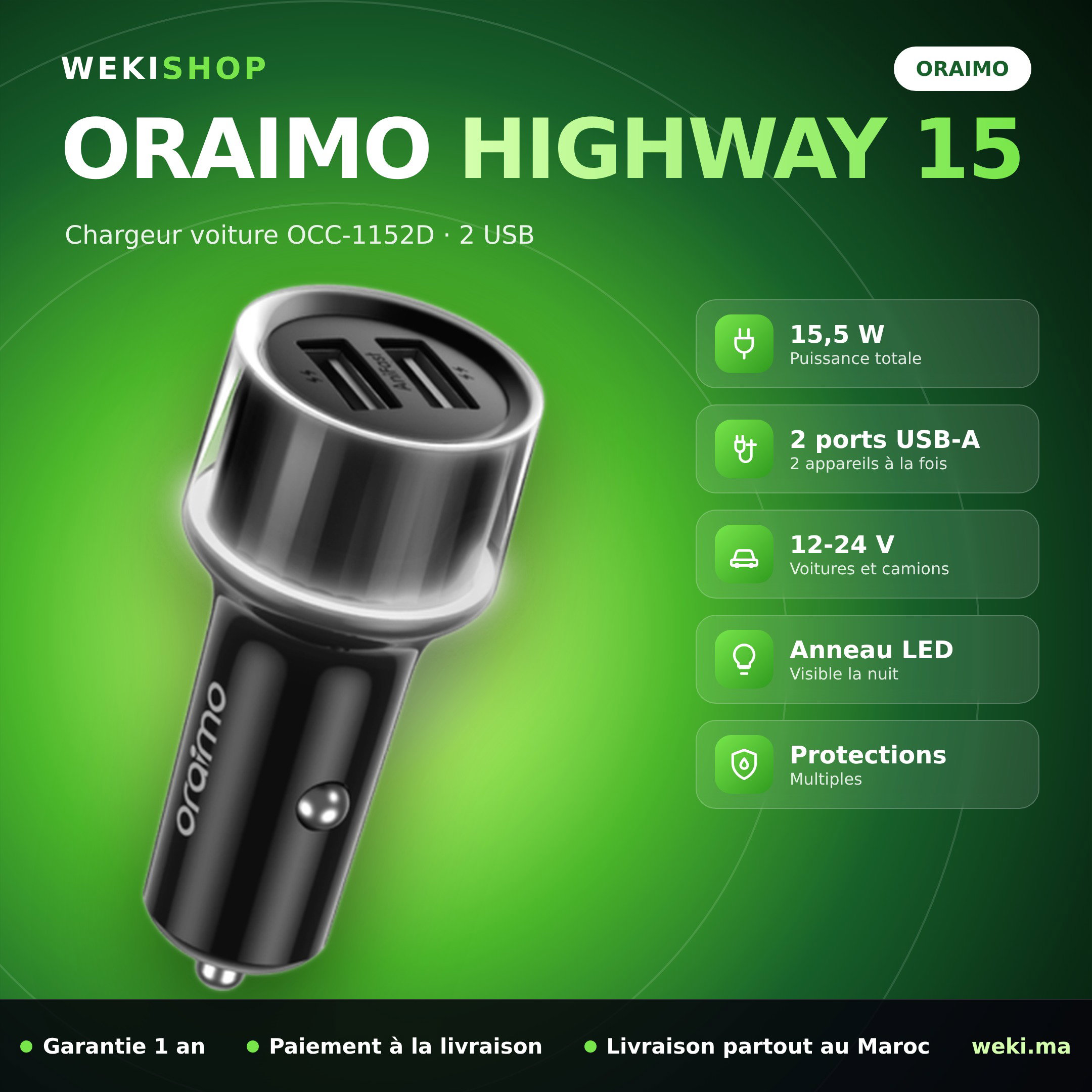 Chargeur voiture Oraimo Highway 15 OCC-1152D – 2 USB, 15,5 W