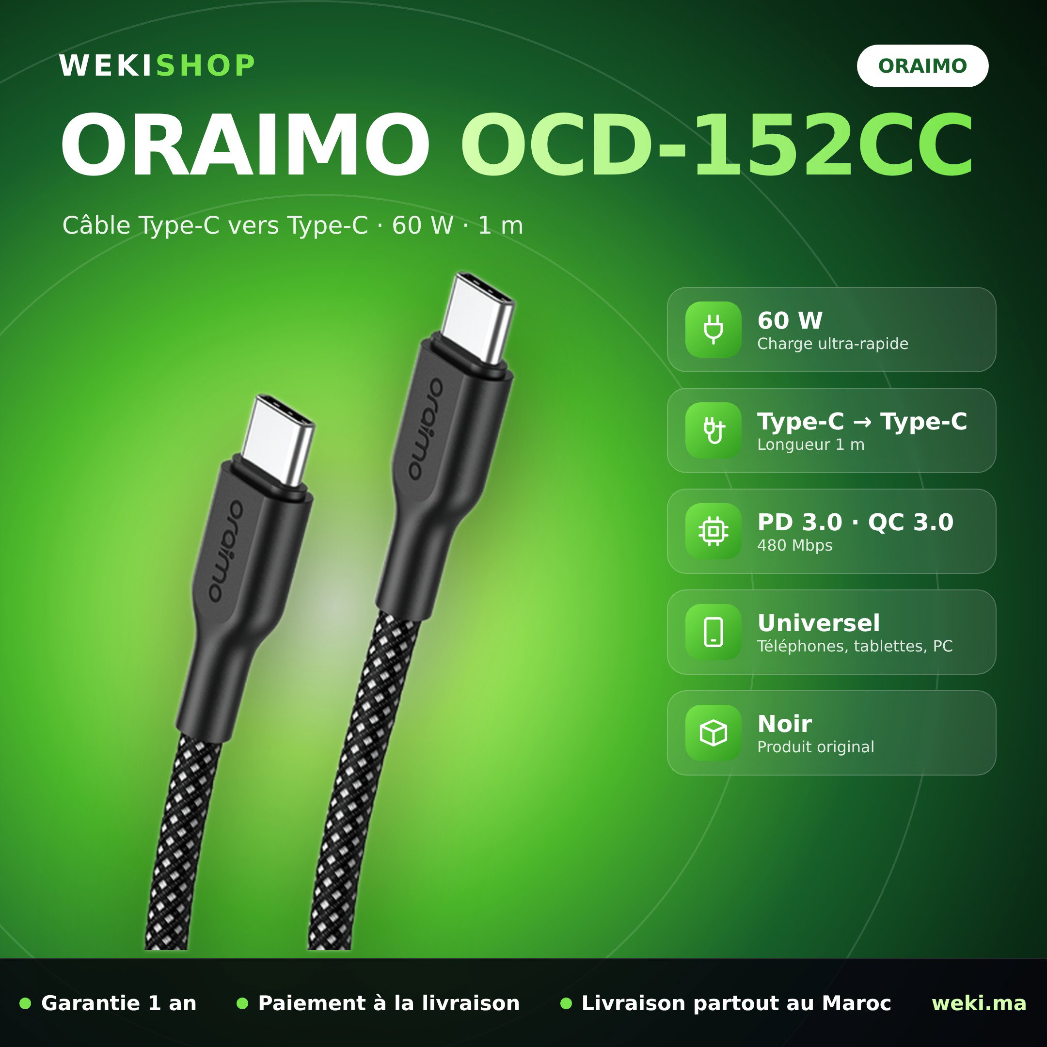 Câble Oraimo OCD-152CC – Type-C vers Type-C 60 W 1 m