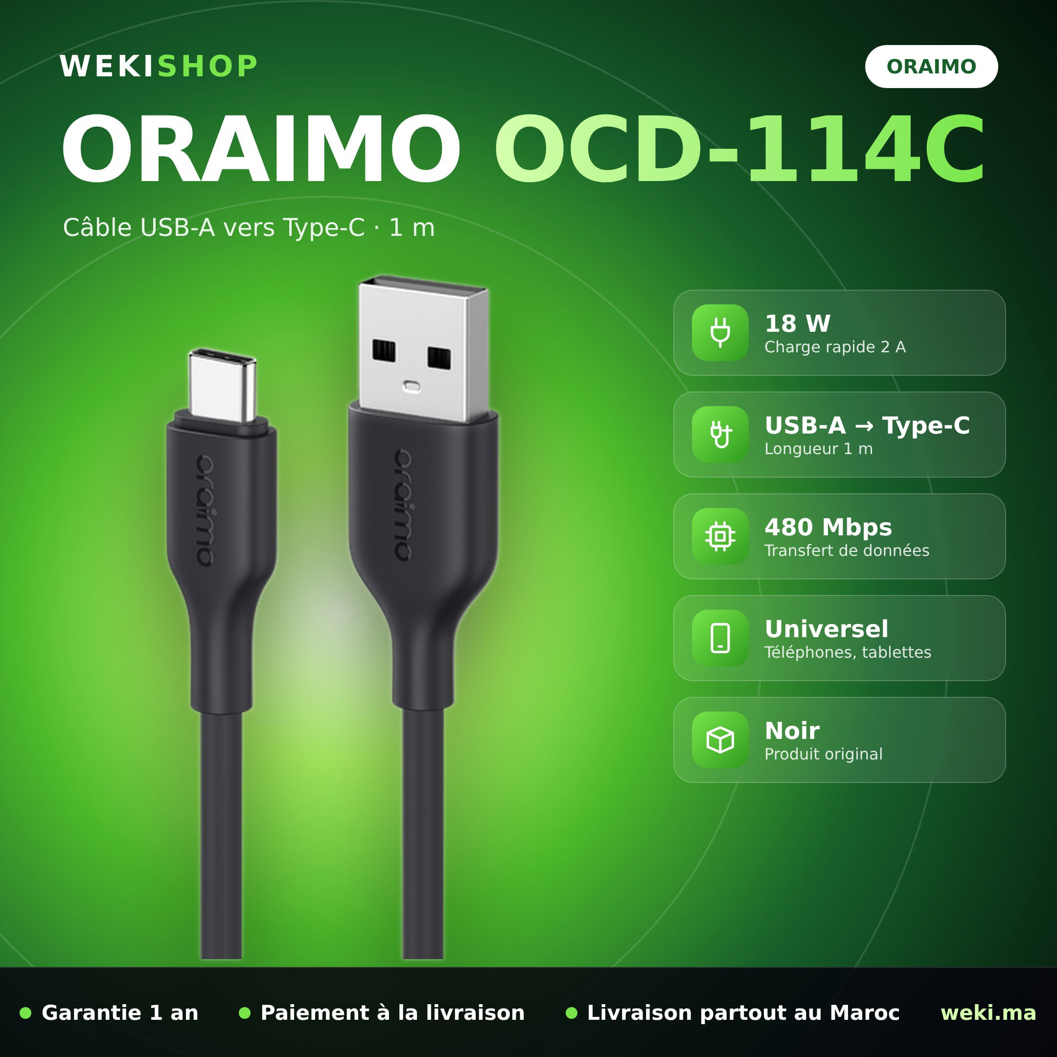 Câble Oraimo  OCD-114C – USB-A vers Type-C 1 m