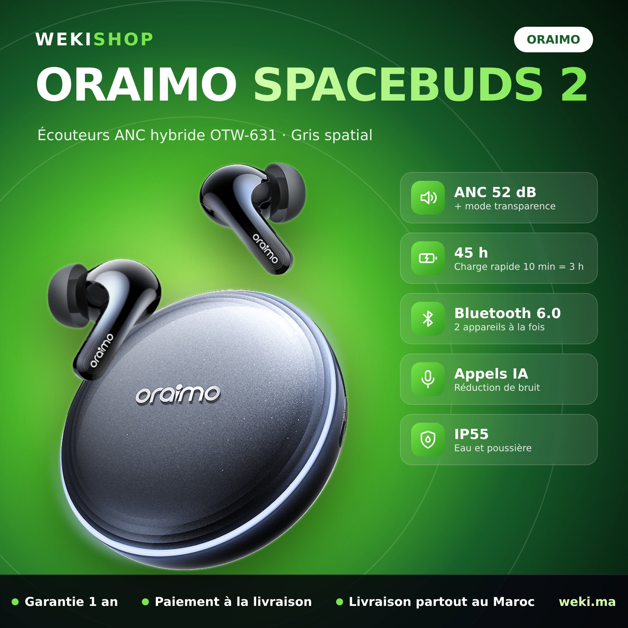 Oraimo SpaceBuds 2 OTW-631 – Écouteurs ANC Gris spatial