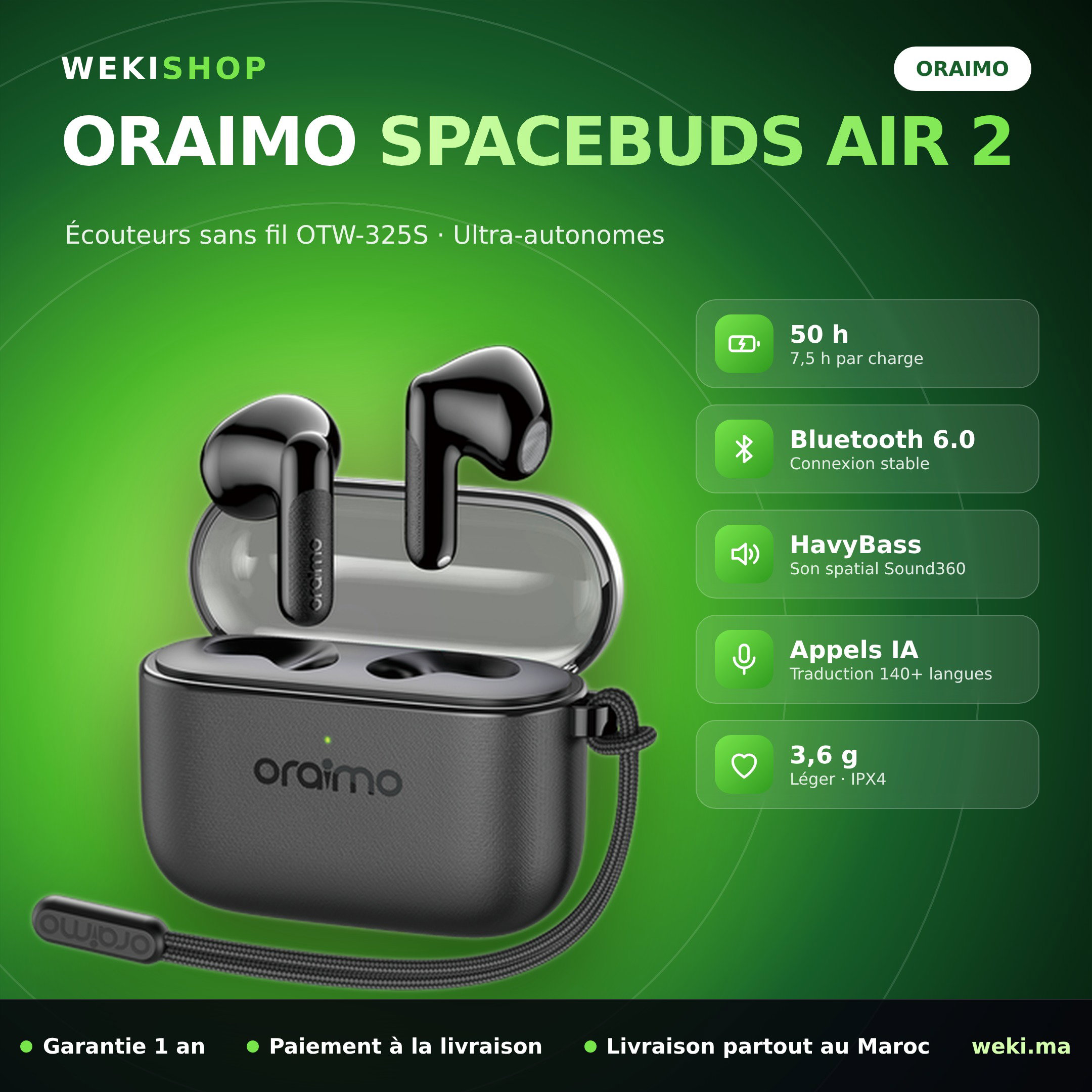 Oraimo SpaceBuds Air 2 OTW-325S – Écouteurs sans fil
