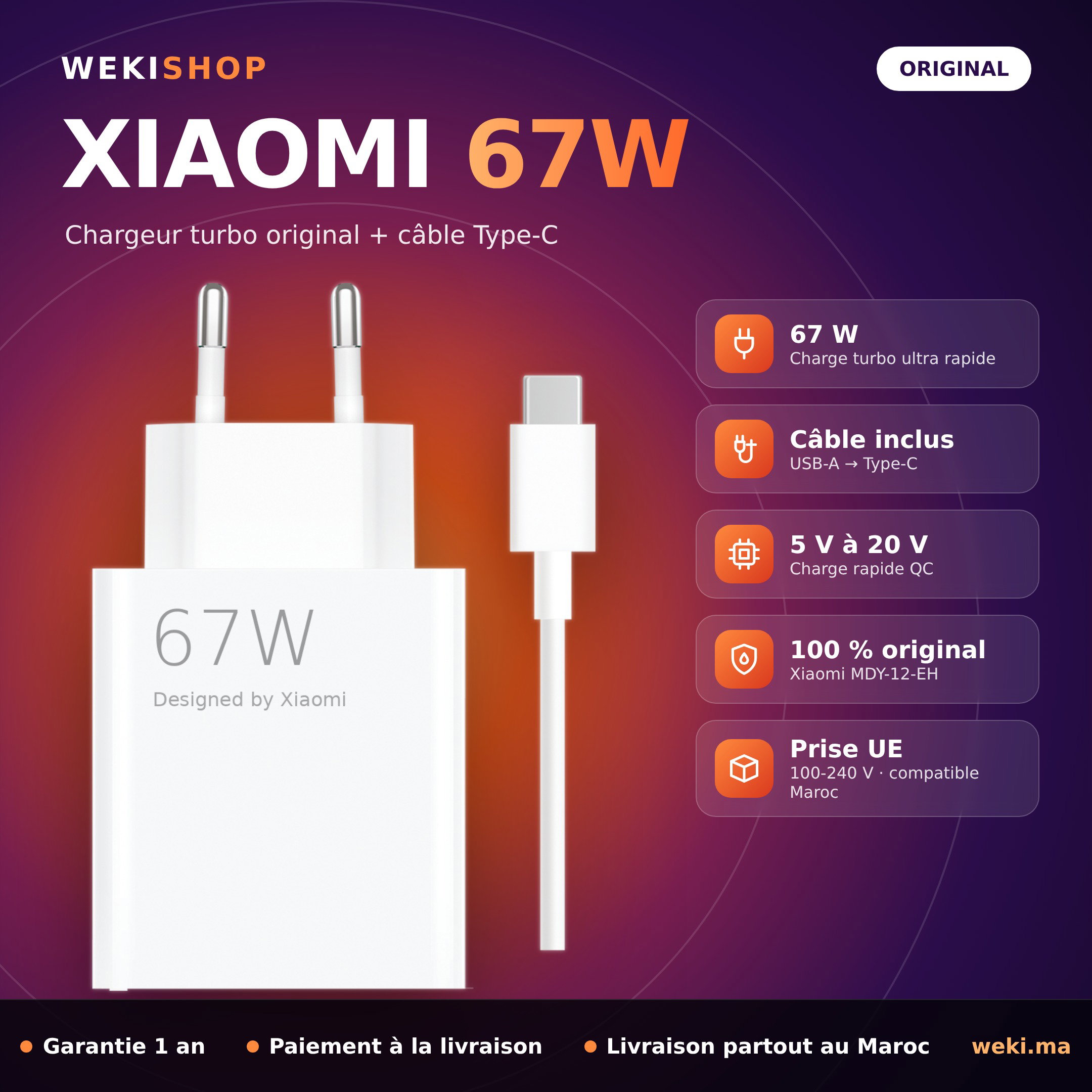 Chargeur Xiaomi 67W Turbo original + câble Type-C