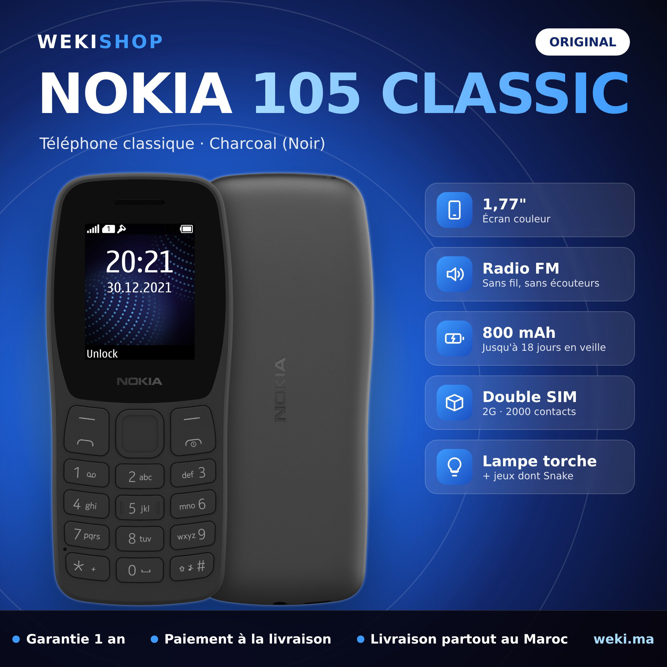 Nokia 105 Classic – Double SIM – Noir (Charcoal) – Original