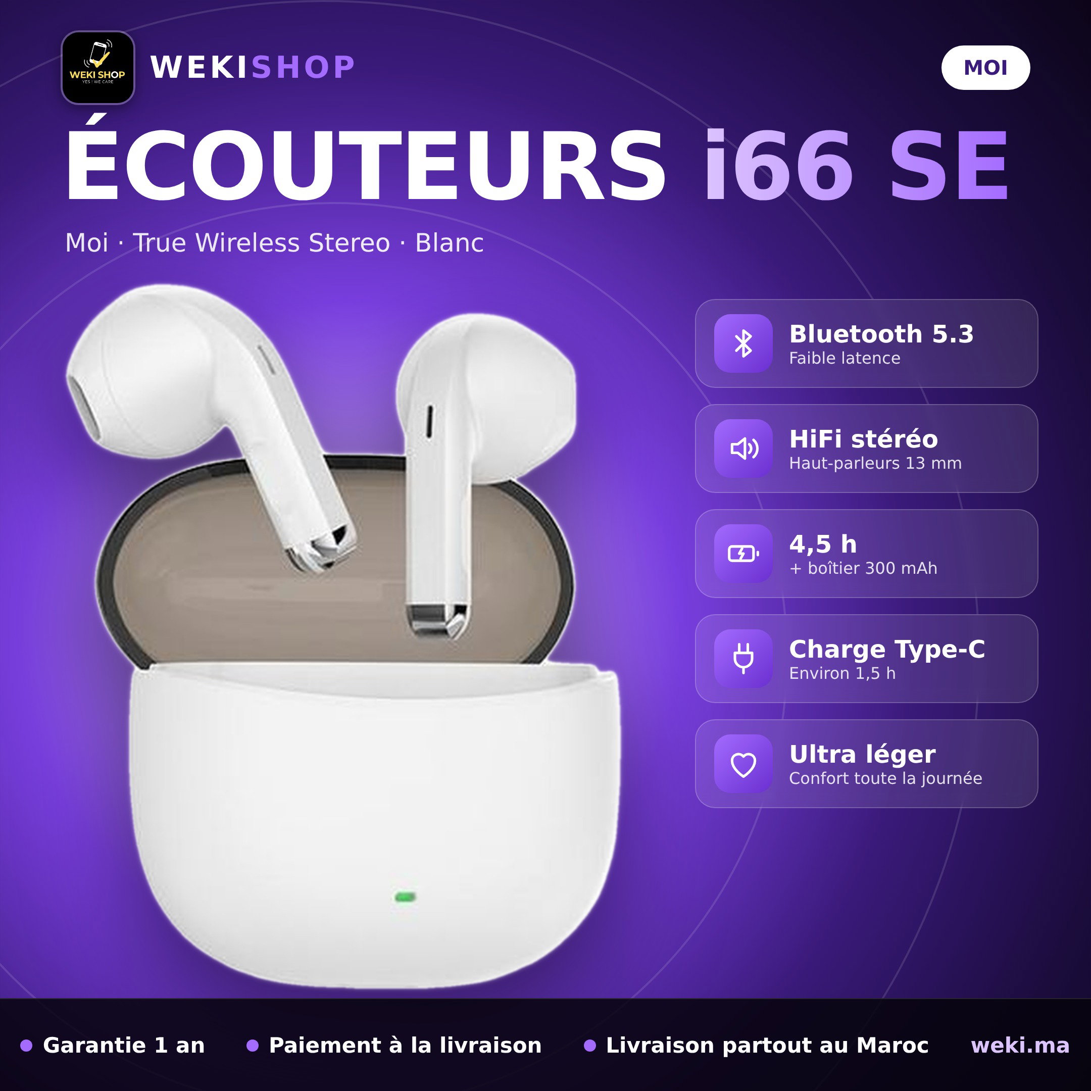 Écouteurs sans fil Moi i66 SE – Bluetooth 5.3 – Blanc