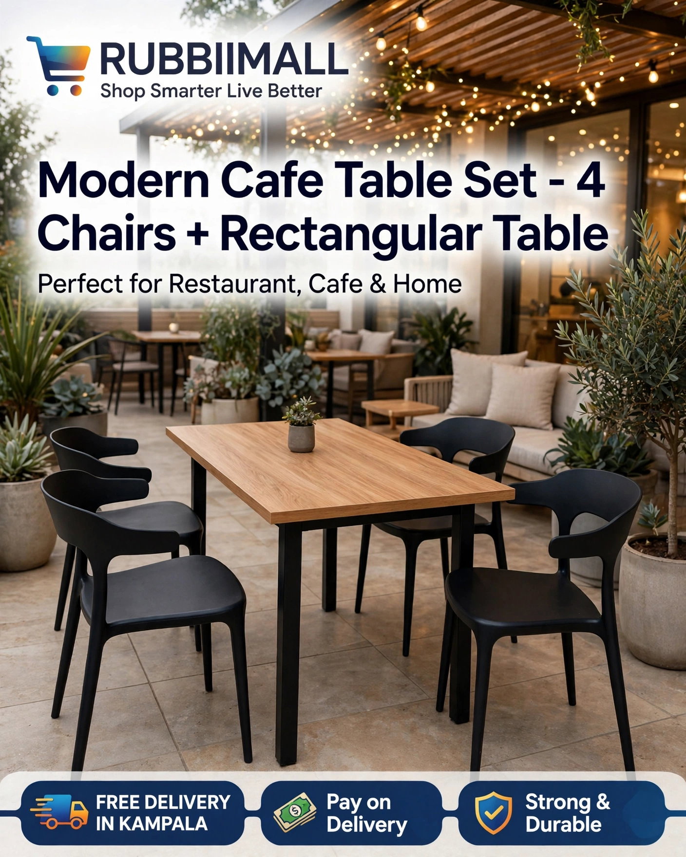 Foldable Wooden Table + 4 Plastic Curved Back Chair