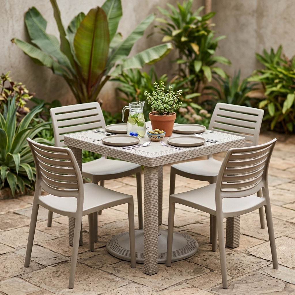 Garden Rattan Dinner Set - 4 Chairs + Square Table