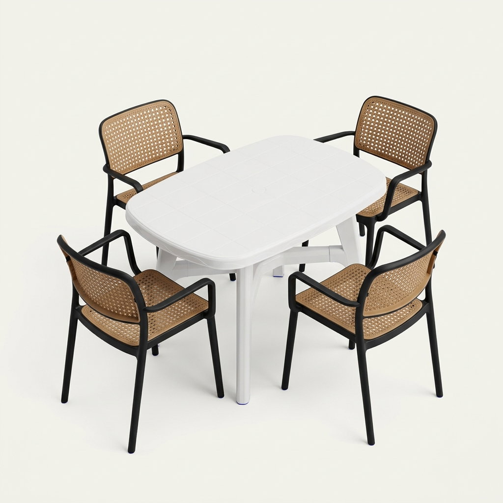 Two- Tone Rattan Oval Table Set ~ 1 White Table + 4 Chairs