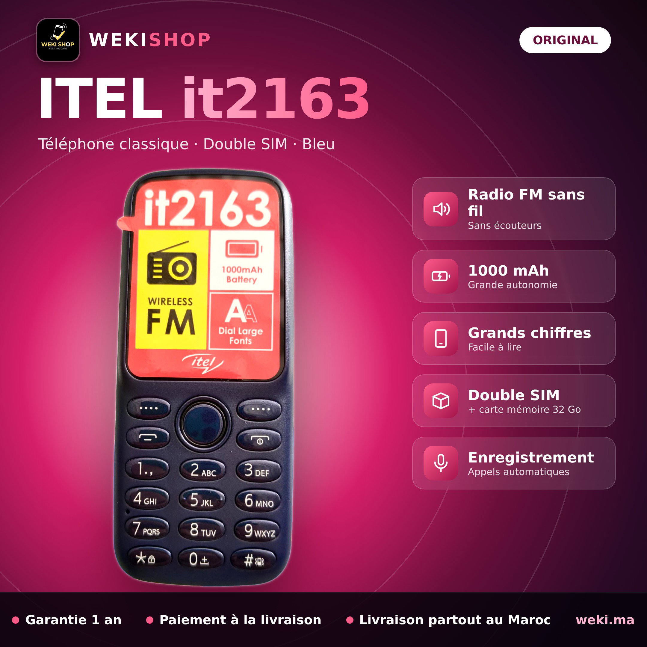 itel it2163 – Téléphone classique Double SIM – Radio FM sans fil – Original