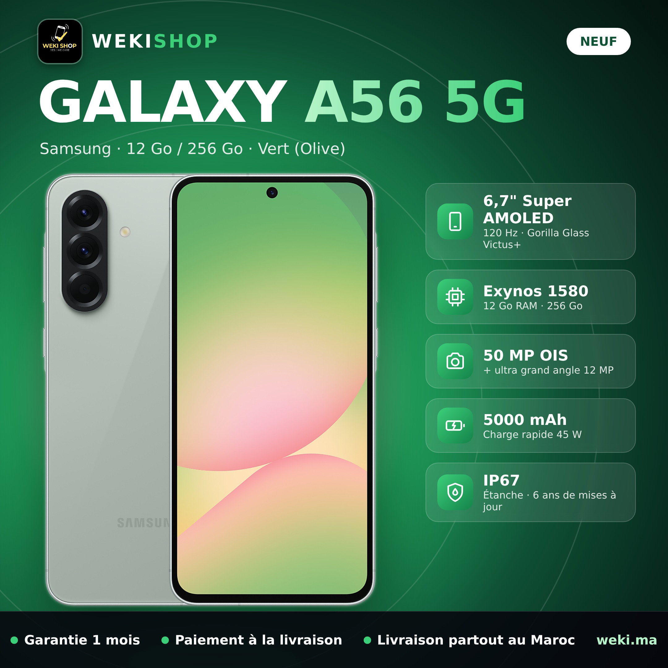 Samsung Galaxy A56 5G – 256 Go / 12 Go RAM – Vert