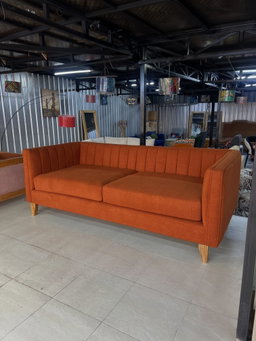 Burnt Orange Channel Tufted 3-Seater Couch - Modern Ribbed Back Sofa