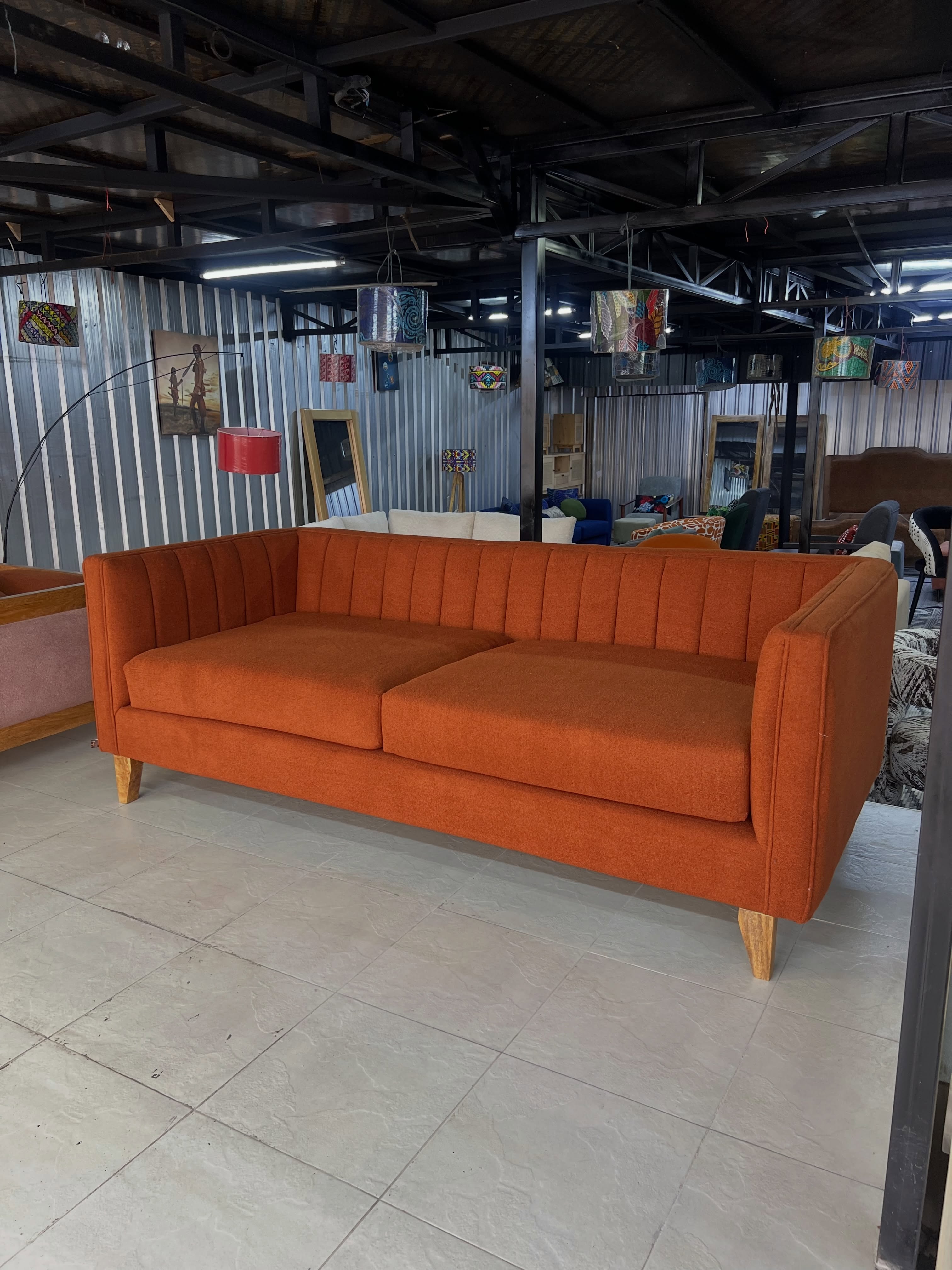 Burnt Orange Channel Tufted 3-Seater Couch - Modern Ribbed Back Sofa