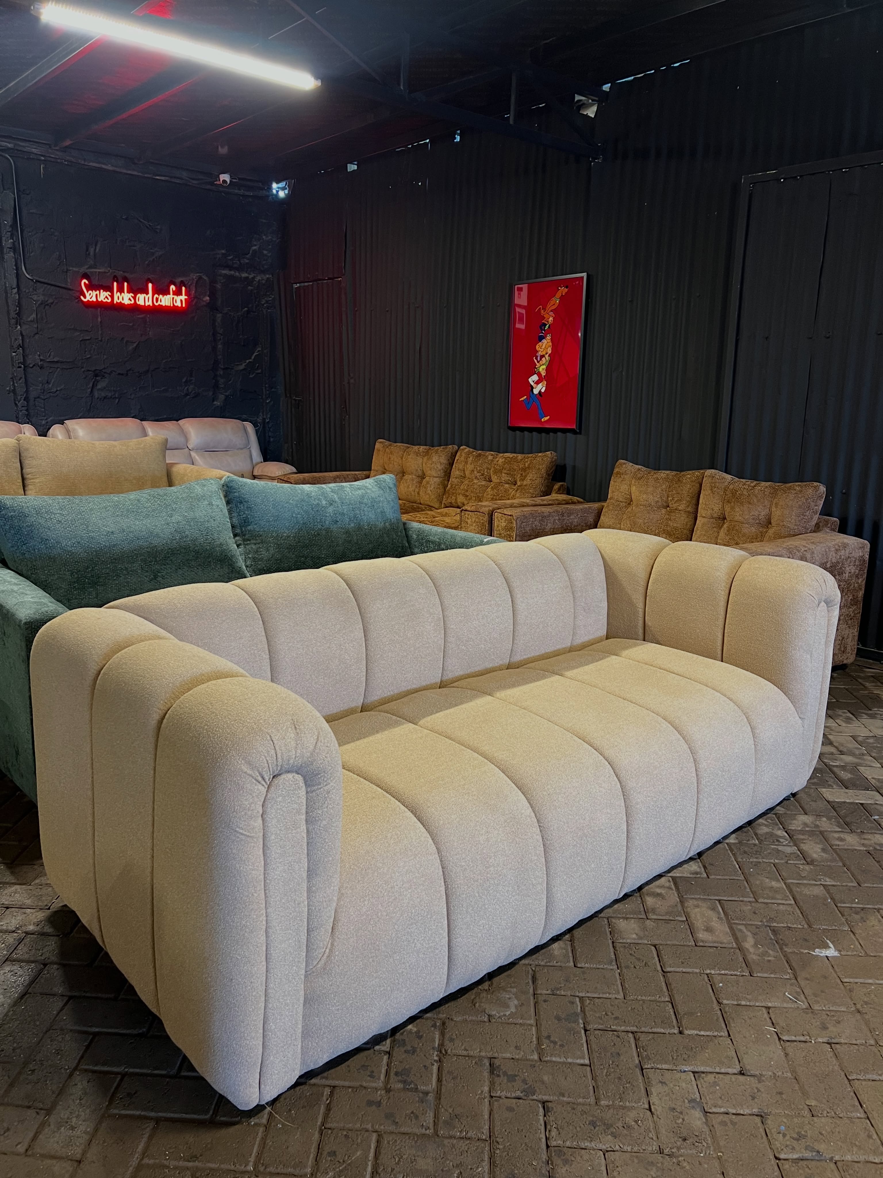 Cream Boucle Channel Tufted 3-Seater Couch - Chunky Ribbed Luxury Sofa