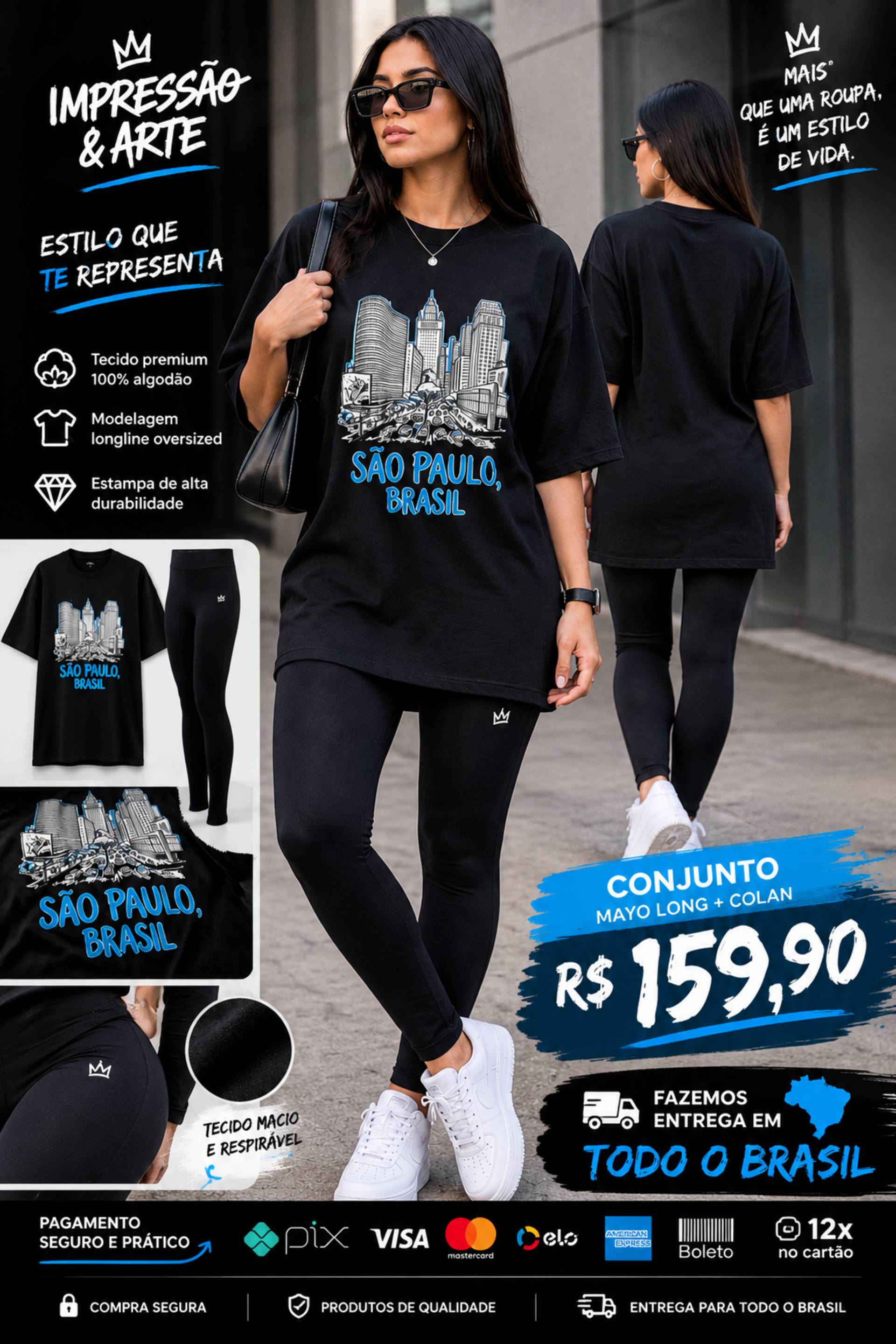 Camiseta feminina longline original preto