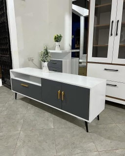 White & Grey 160cm TV Stand - Gold Handles