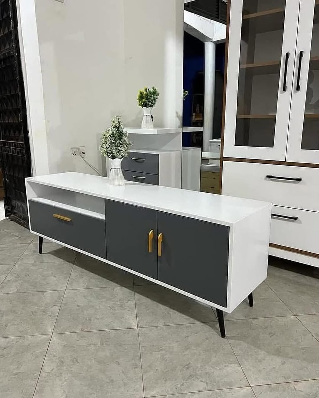 White & Grey 160cm TV Stand - Gold Handles