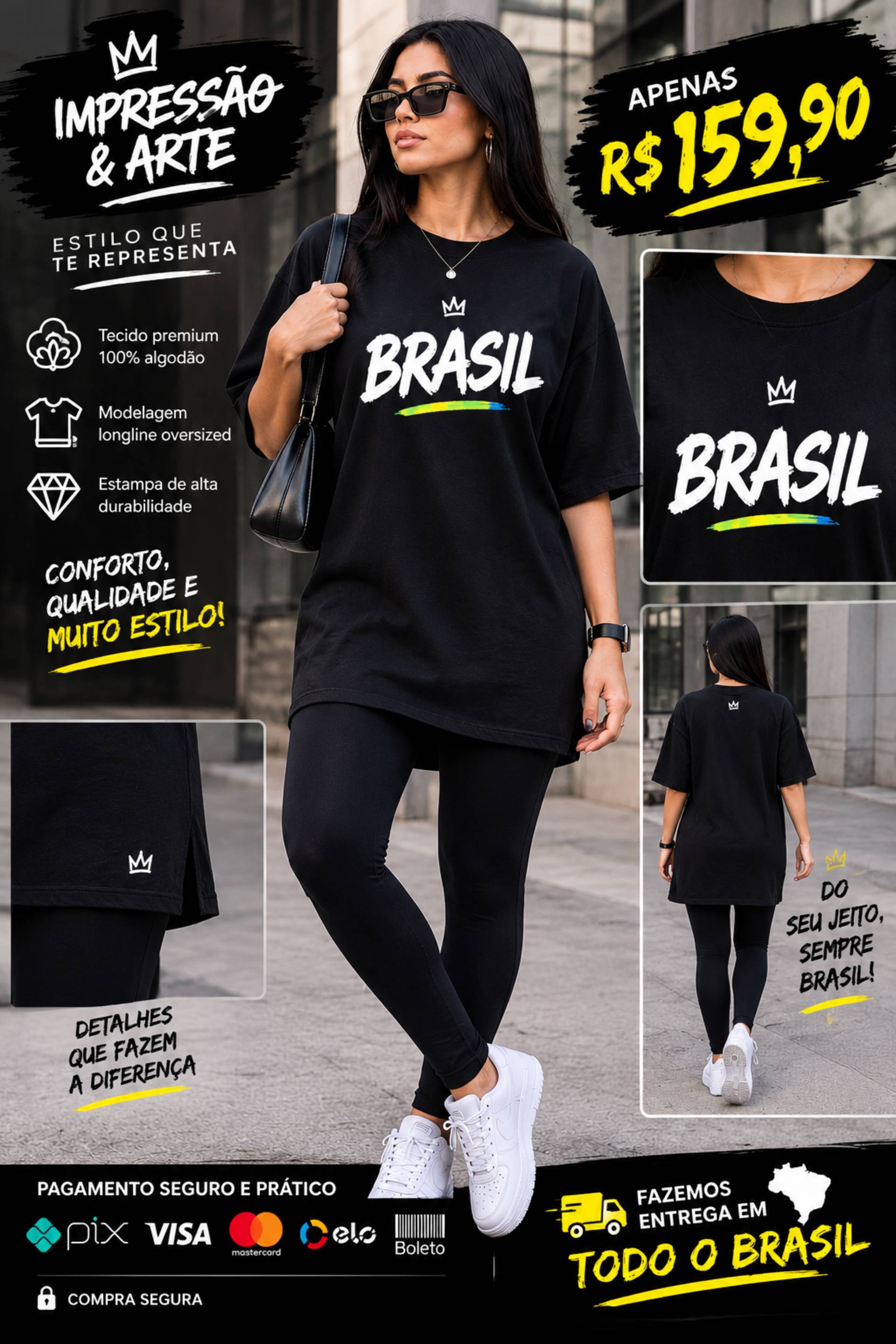 Camisetafeminina longline original preto